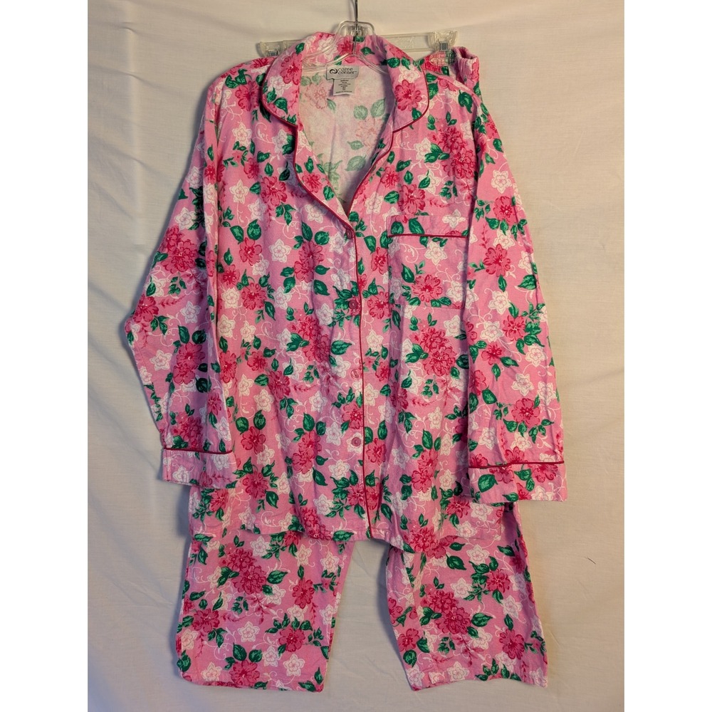 Cozee Corner Women's 100% Cotton Flannel Pajamas 2XL Pink Floral Button Up Top